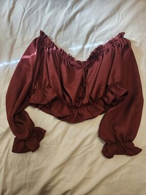 Shein Women's Off-Shoulder Ruffle Crop Top - Burgundy XXL